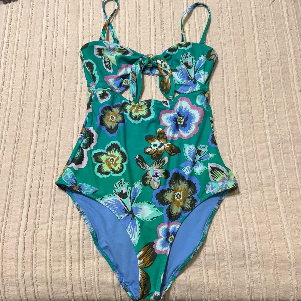 Aerie Keyhole Floral Full Coverage Floral Green One Piece